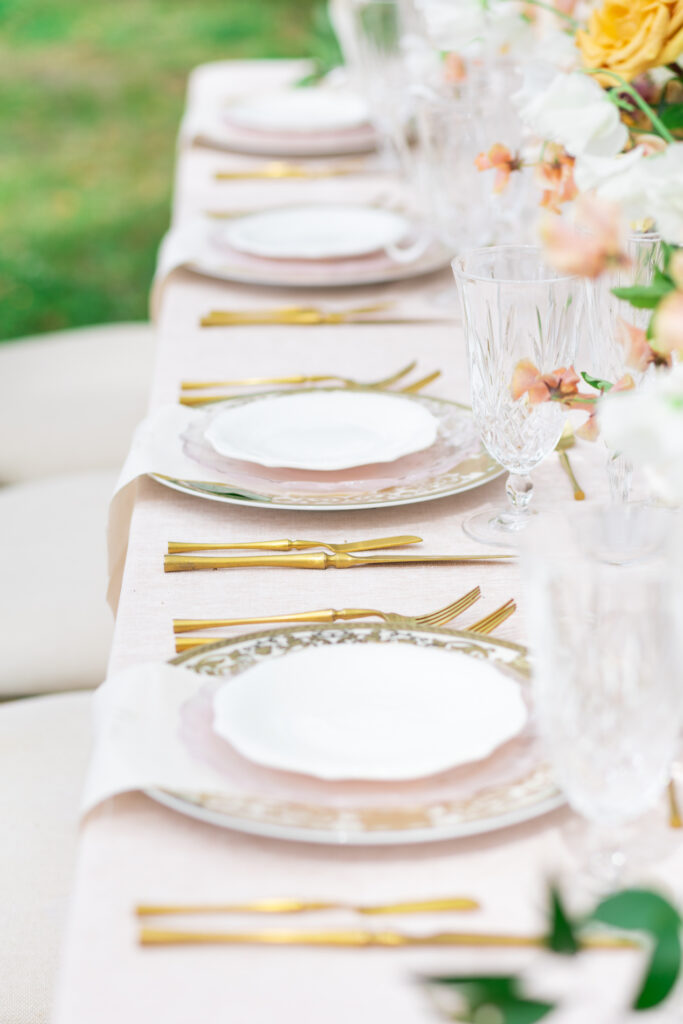 Pink and Gold Spring WeddingTablesettings at Lowndes Grove