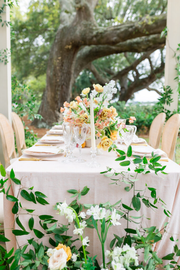 Fairytale Pink and Gold Spring WeddingTablesettings at Lowndes Grove